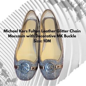 Michael Kors Fulton Leather Glitter Chain Moccasin with Decorative MK Buckle